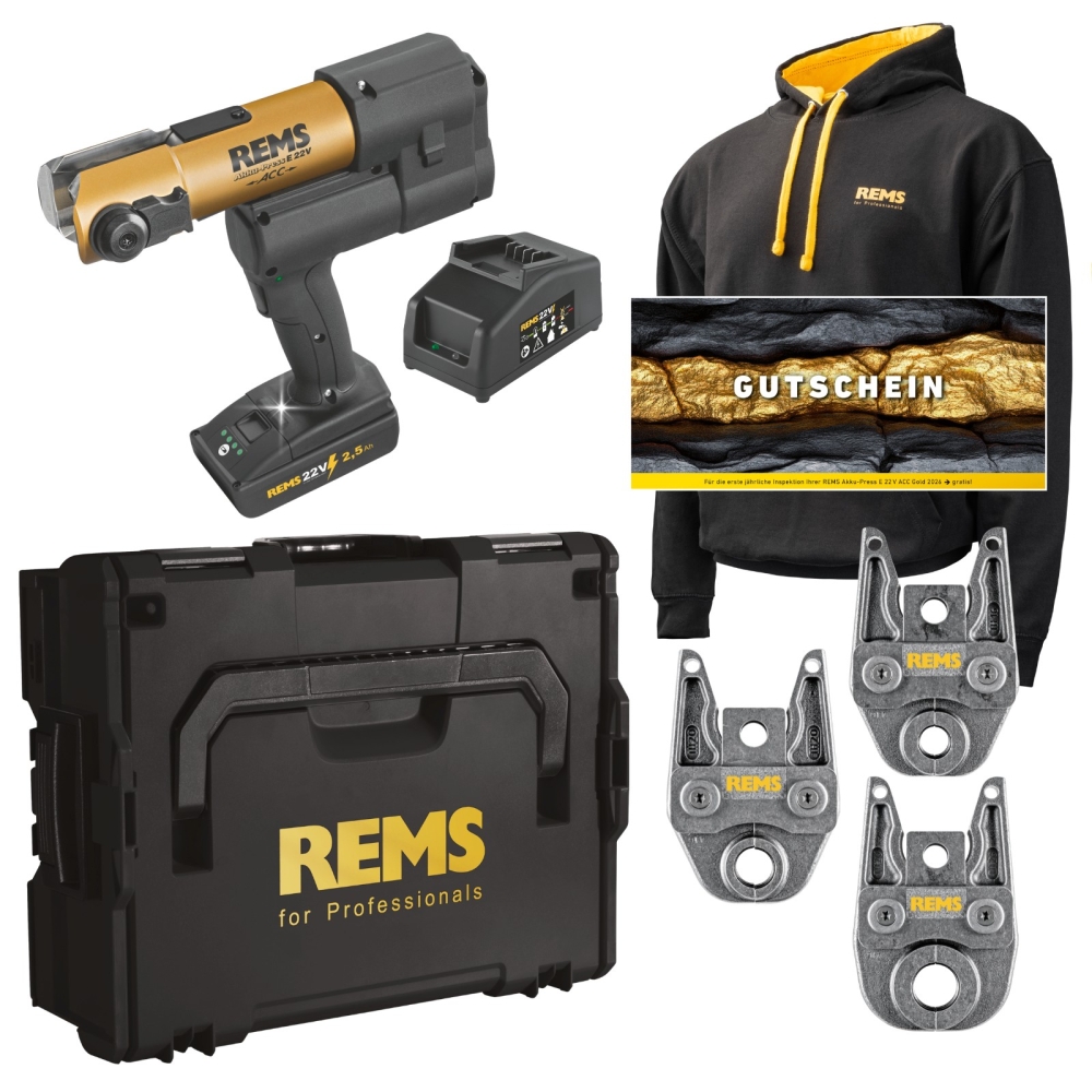 REMS Akku-Radialpresse Akku-Press E 22V ACC mit Pressbacken in TH-Kontur (Gold Edition mit Hoodie &amp; Gutschein)
